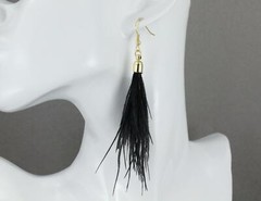 Black feather earrings dangle 4″ long lightweight shoulder duster tassel fringe