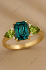 Teal Sapphire And Peridot Ring 925 Sterling Silver Women’s Engagement Ring.