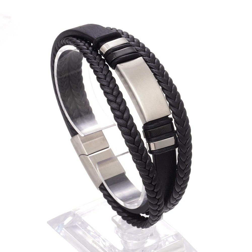 Men’s Braided Leather Bracelet 21cm with Stainless Steel Clasp Silver/Gold/Black