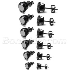 Mens Women Stainless Steel Black Round Cubic Zirconia Ear Studs Earrings 3mm-8mm