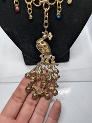 Gold Tone Peacock Pendant Statement Necklace w/ Multicolor Crystal Dangle Charms