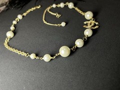 CHANEL Gold Tone Faux Pearl Beaded Cable Chain Necklace CC Logo Charm