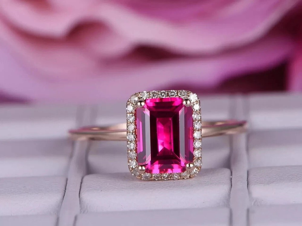 2.40 Ct Emerald Cut Natural Ruby Diamond Wedding Ring 14K Rose Gold Size 8