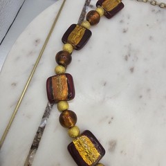Gold Tone Glass Bead Statement Necklace Red Brown Foil Chunky Women Lobster 18″