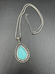 Silver Tone and Faux Turquoise Teardrop Pendant Necklace 18” + 2.5” Extender
