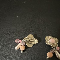 Pink Flower Dangle Drop Earrings, Clip-On, Round Pink Glass Stone, Metal