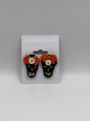 Skull Flower Stud Earrings – Black Orange White Gold Resin/Plastic Halloween