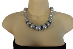 NEW Women Fashion Jewelry Short Necklace Grey Silver Imitation Pearl Beads