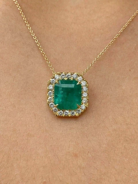Simulated Green Emerald 3Ct Asscher Cut Halo Pendant 14k Yellow Gold Plated