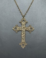 Large Gothic Vintage Bronze Ornate Cross 24″ Chain Necklace in Gift Bag