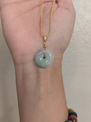 Jade Donut Necklace With Floating Green, Gold Plated Chain, Untreated