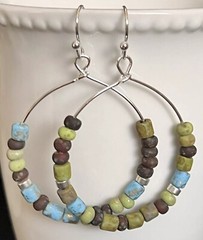 Silver Hoops with Green, Blue and Brown Beads. Boho Chic