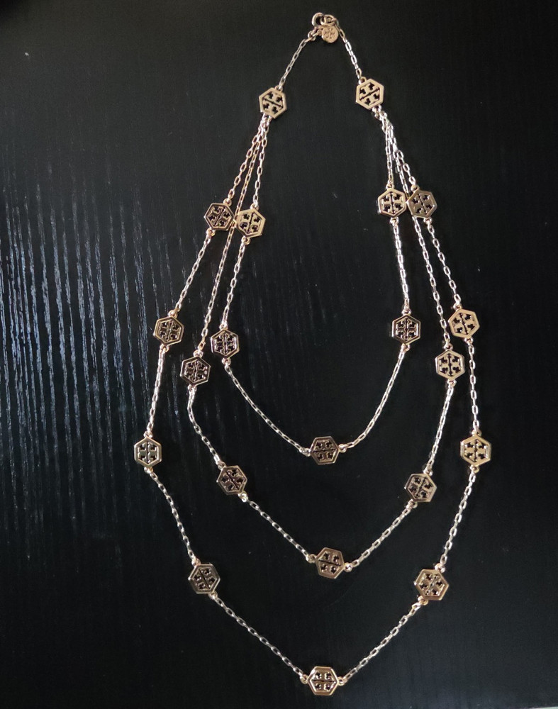 Tory Burch Gold Tone Layered Multi-Strand Cable Chain Necklace Geometric Charm