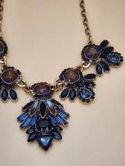 New LA MIA Signed Crystal Gold Tone Statement Necklace Brown Black Blue & Clear
