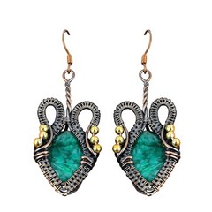 Zambian Emrald Stone Dangle Drop Ethnic New Wire Wrapped Earrings Jewelry Copper