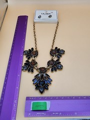 New LA MIA Signed Crystal Gold Tone Statement Necklace Brown Black Blue & Clear