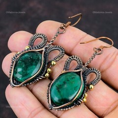 Zambian Emrald Stone Dangle Drop Ethnic New Wire Wrapped Earrings Jewelry Copper