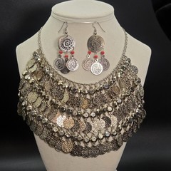 Dangling Coin Choker Bib Collar Silver Tone Metal Egyptian Necklace and Earrings