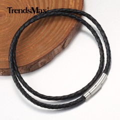 4MM 16″-30″ Black Braided Leather Rope Necklace Choker Stainless Steel Push Lock