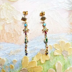 Sun Palm Tree 925 Silver Multi Color Gem Dangle Drop Tassel Stud Earrings