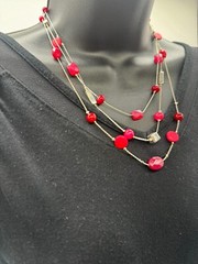 The Limited Red Beaded Layered Necklace Thin Silver Tone Chain Three Strand