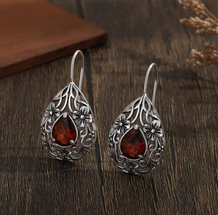 Beautiful Filigree Teardrop Garnet Silver Hook Earrings Great for Everyday Wear
