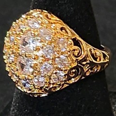 Gold Tone Round Pavé White Crystal Cluster Cocktail Ring, Size 6