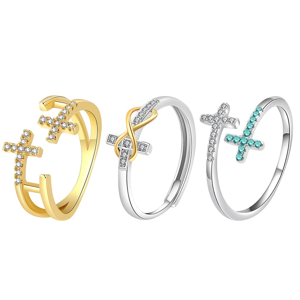 3Pcs Women’s Faith Rhinestone Cross Open Stackable Adjustable Christian Ring Set