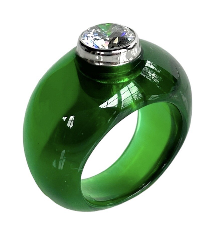 ANGELIQUE DE PARIS BON BON RING STERLING SILVER .925 GREEN LUCITE RESIN NEW Sz6