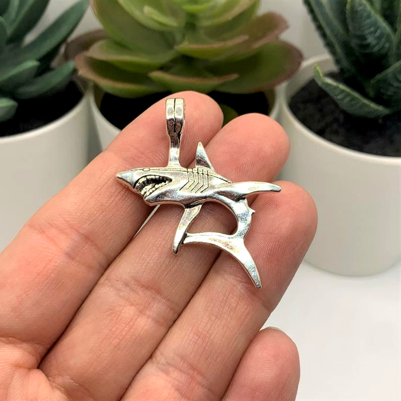 3D large 2 sided SHARK SEA charm pendant 24″ 925 Sterling Silver Necklace men