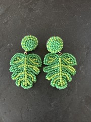 California C&C Hand Beaded Drop Earrings ~ Green Leaves ~ Very Pretty!