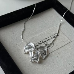 925 Silver Bow Necklace Minimalist Ribbon Pendant Snake Chain Cute Gift 001