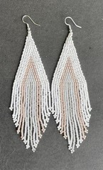 Boho Native Style White Beige Grey Seed Bead Beaded Earrings Fringe Tassel Long