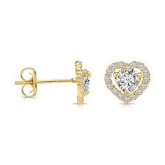 14K Real Solid Yellow Gold Heart-Shaped Halo CZ Sleeper Stud Earrings Push-back