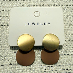 Gold Tone & Brown Round Double Disc Dangle/Drop Earrings