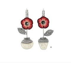 Coloritis Red Floral Enamel Metal Dangle Earrings From Zurich, Germany