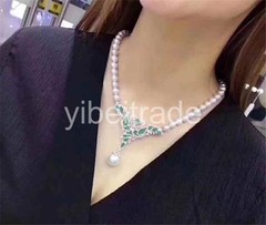 freshwater pearl white near round 10-11mm and green flower crystal 18inch