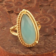 Pear Gemstone Ring Blue Chalcedony Gold Plated Collet Statement Adjustable Ring