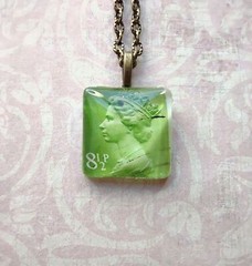 Handmade Authentic Postmarked Queen Elizabeth Postage Stamp Glass Tile Necklace