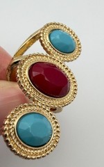 Gold Tone Triple Stone Ring Red Blue Faceted Beads Retro Bold