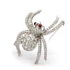 Sparkly Spider Brooch With White Round Brilliant White CZ & 2 Small Rubies Eyes