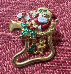 Christmas lot of 3 brooch pins Santa tree candle bow gold tone enamel rhinestone