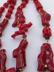 Hush Red Beaded Statement Necklace, Gold Tone Plastic Cable Chain, Lobster
