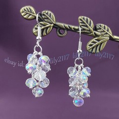 Faceted 4x6mm Clear Crystal Gems Roundel Beads Grape Dangle Silver Hook Earrings
