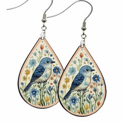 Blue Bird Folk Art Earrings Teardrop NO TARNISHING Wood Bird Lover Watcher Gift