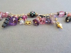 Glass Flower Leaf Heart Charm Bracelet Dangle Gold Tone Metal Purple Pink Black