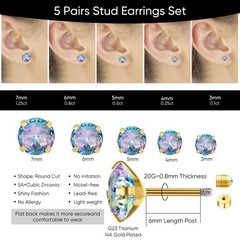 5 Pairs Flat Back Stud Earrings for (3mm~7mm)x1, 03-Color Gem(Gold Color)