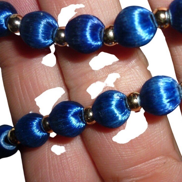 Vintage Style Royal Blue Satin Thread Wrapped Bead Strand Necklace 30 Inch Long