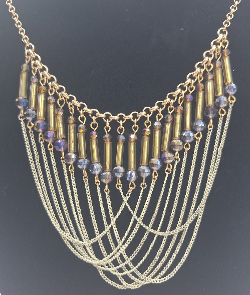 Gold Tone Multi Strand Beaded Necklace Statement Fringe Chain Jewelry
