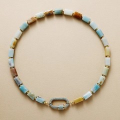 Natural Amazonite Bead Necklace 16″ Cylinder Tube Pavé Carabiner Clasp Choker
